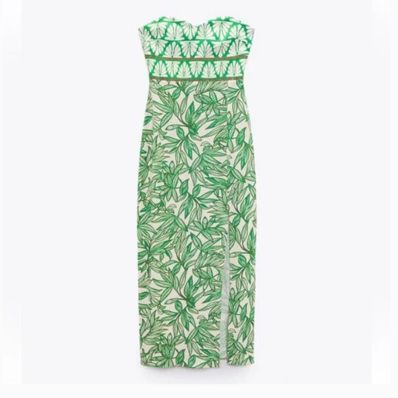 NEW Zara Linen Blend Strapless Midi Dress with Tropical Print, Size S - Picture 4 of 16